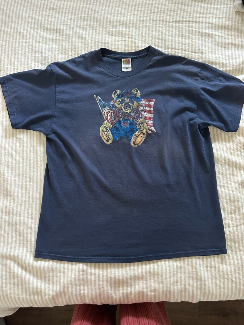 Fruit of the Loom Navy Teddy Bear Graphic Tee with Flags